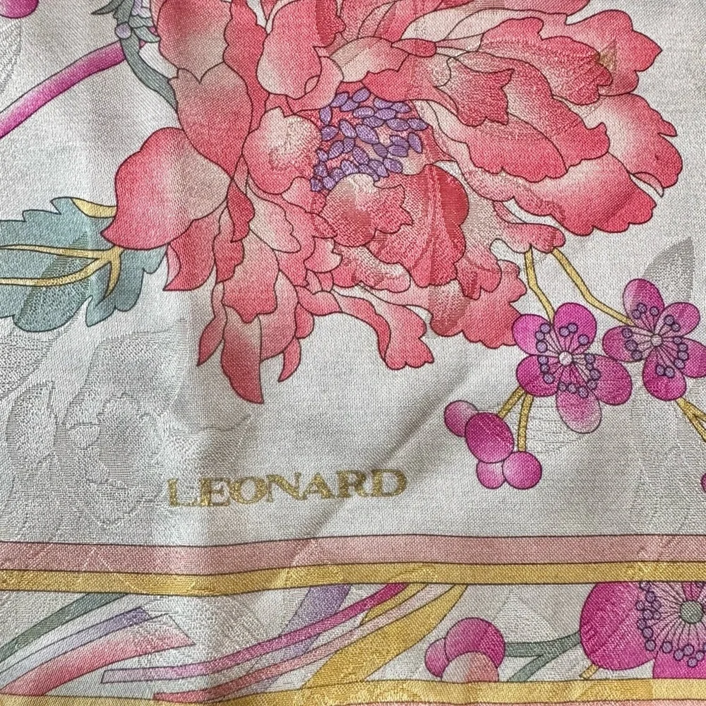 vintage Leonard Paris scarf with Pink and Gold Accents-with callouts